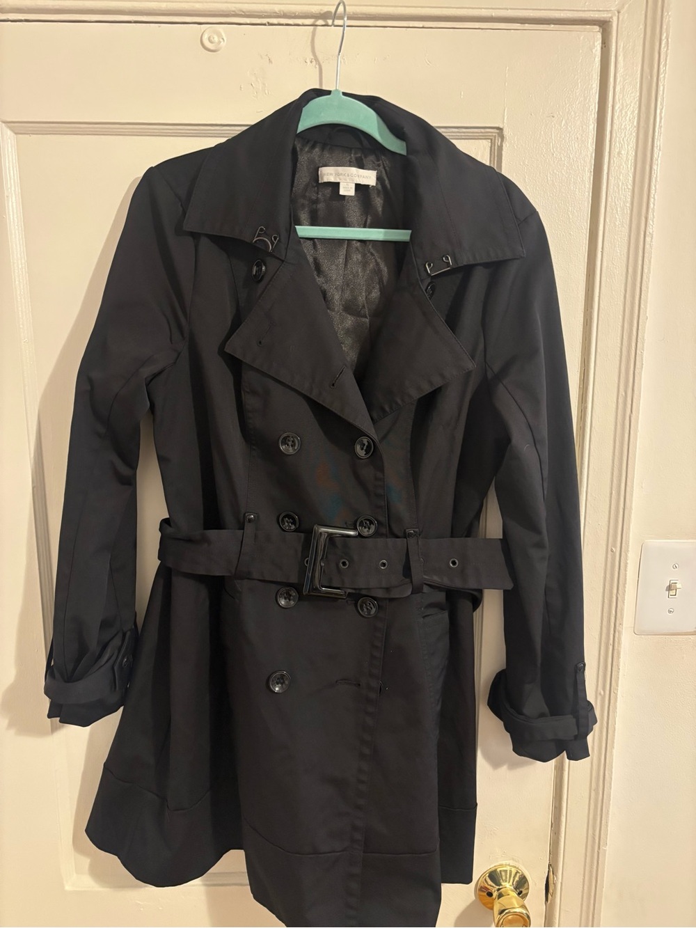 New York & Company Black Double-Breasted Trench Coat with Belt